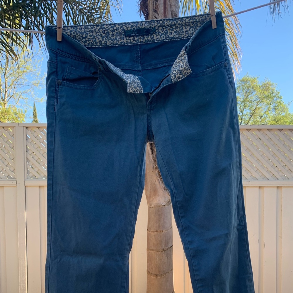 Very low rise blue slim fitted PrAna pants, women’s; size 6